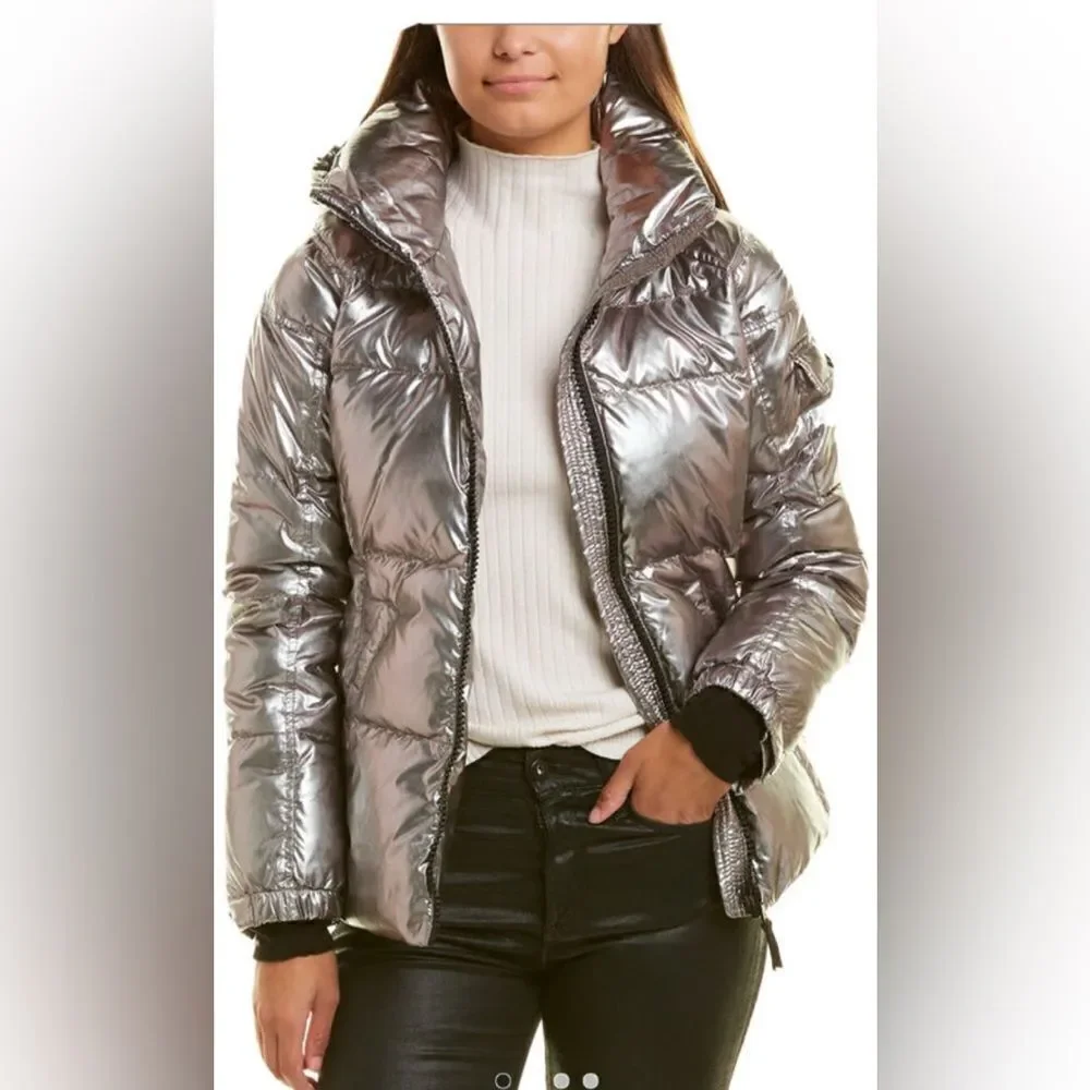 S13 Kylie Metallic Duck Down Feather Detachable Hooded Puffer Jacket